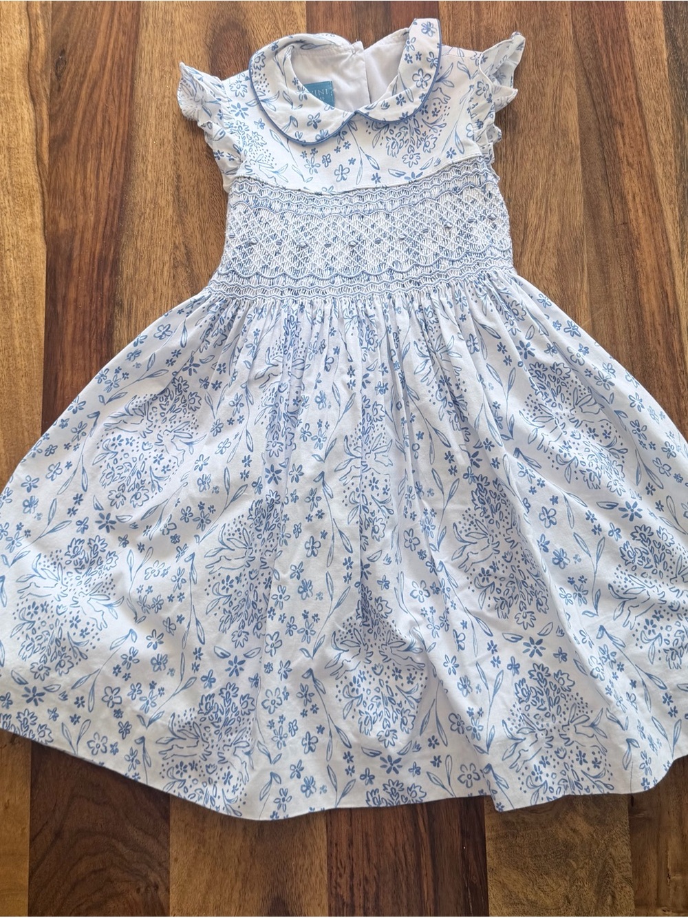 Smocked White Dress with Blue Floral Print for Girls